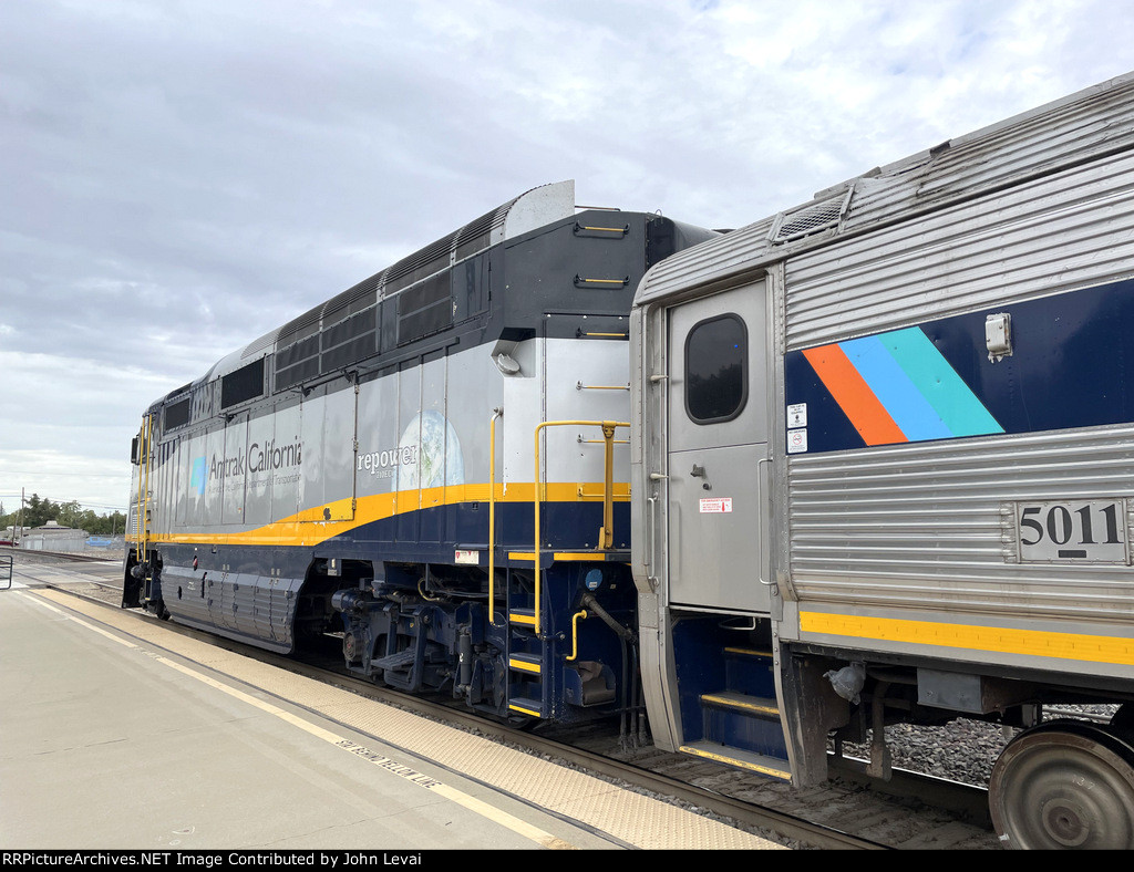 Rear side view of Amtrak California F59PHI # 2005